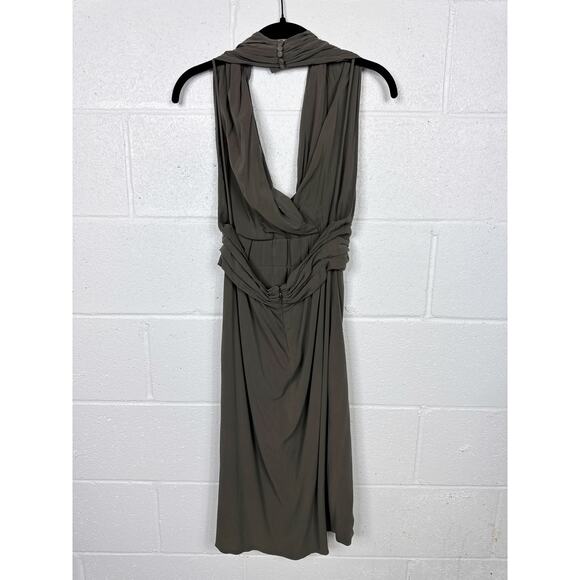 Halston Silk Dress Draped Halter Cocktail IT 42 US 6 Olive Grecian - Picture 2 of 7